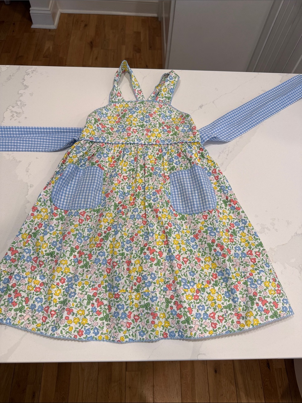 Girls Floral Cotton Sundress with Blue Gingham Accents